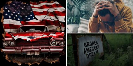 USA flag, a man sad and a grave