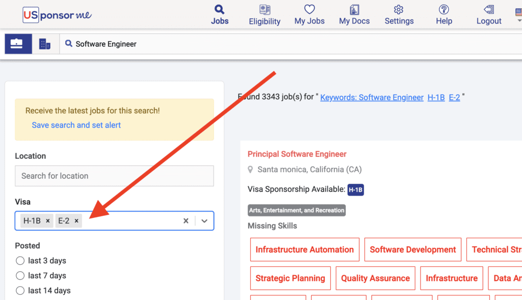 job search by filtering on the visa on USponsorMe